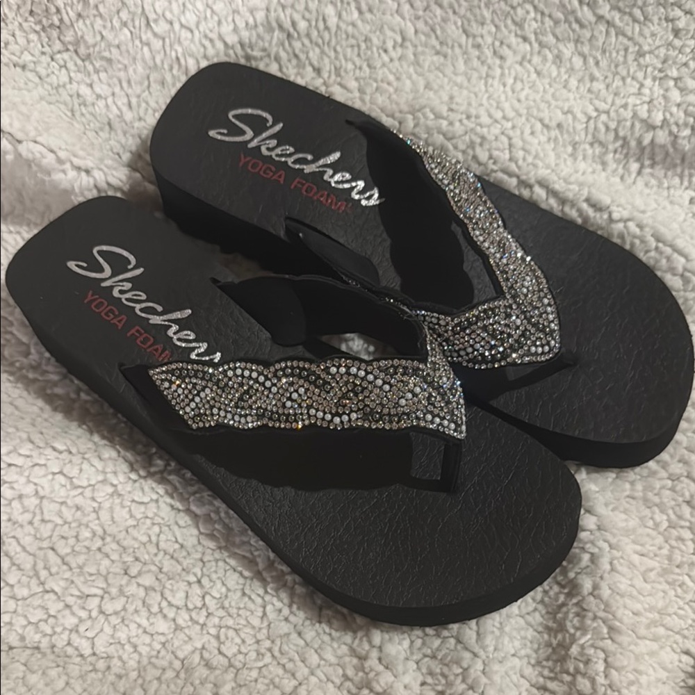 Skechers Black Yoga Foam Sandals with Glittery Straps